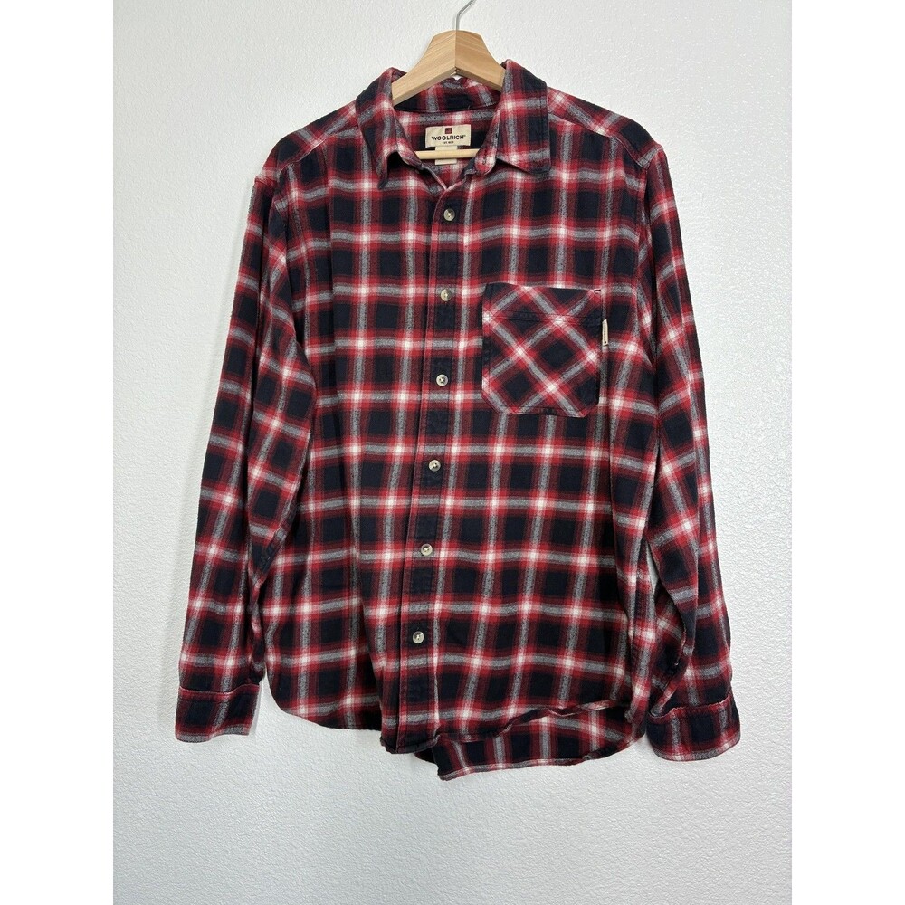 Woolrich Shirt Mens Large Red Plaid Flannel Button Up Long Sleeve Cotton Casual
